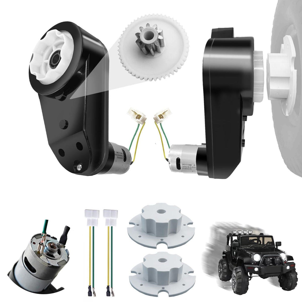 JRRXM 24V RS555 gearbox assembly showing upgraded power for Power Wheels rides