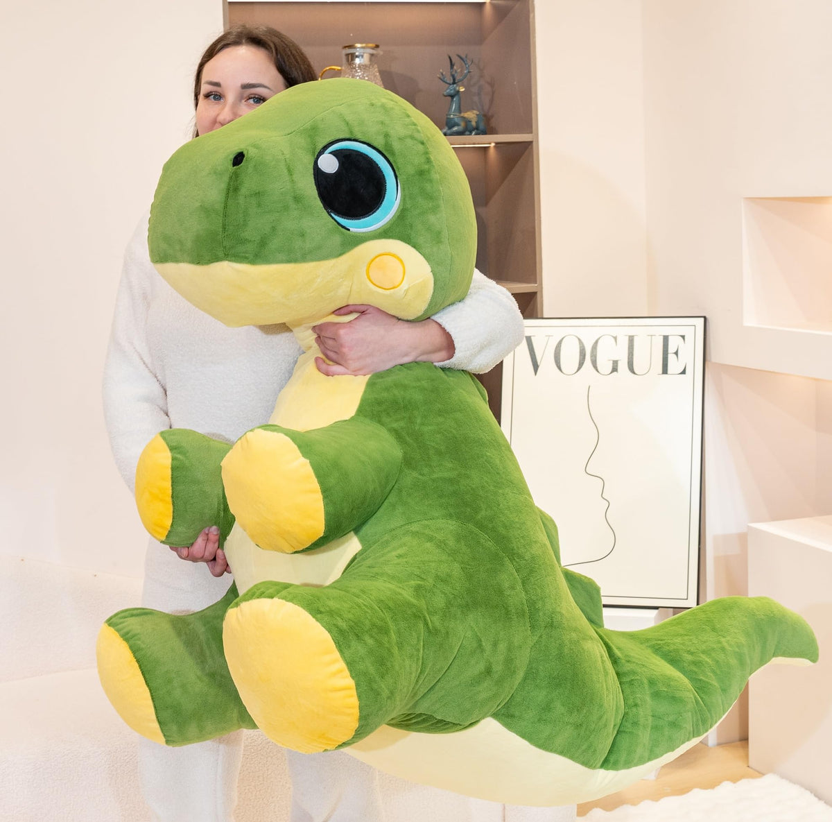 Jrystar giant dino snuggle at night, ideal for bedtime comfort.