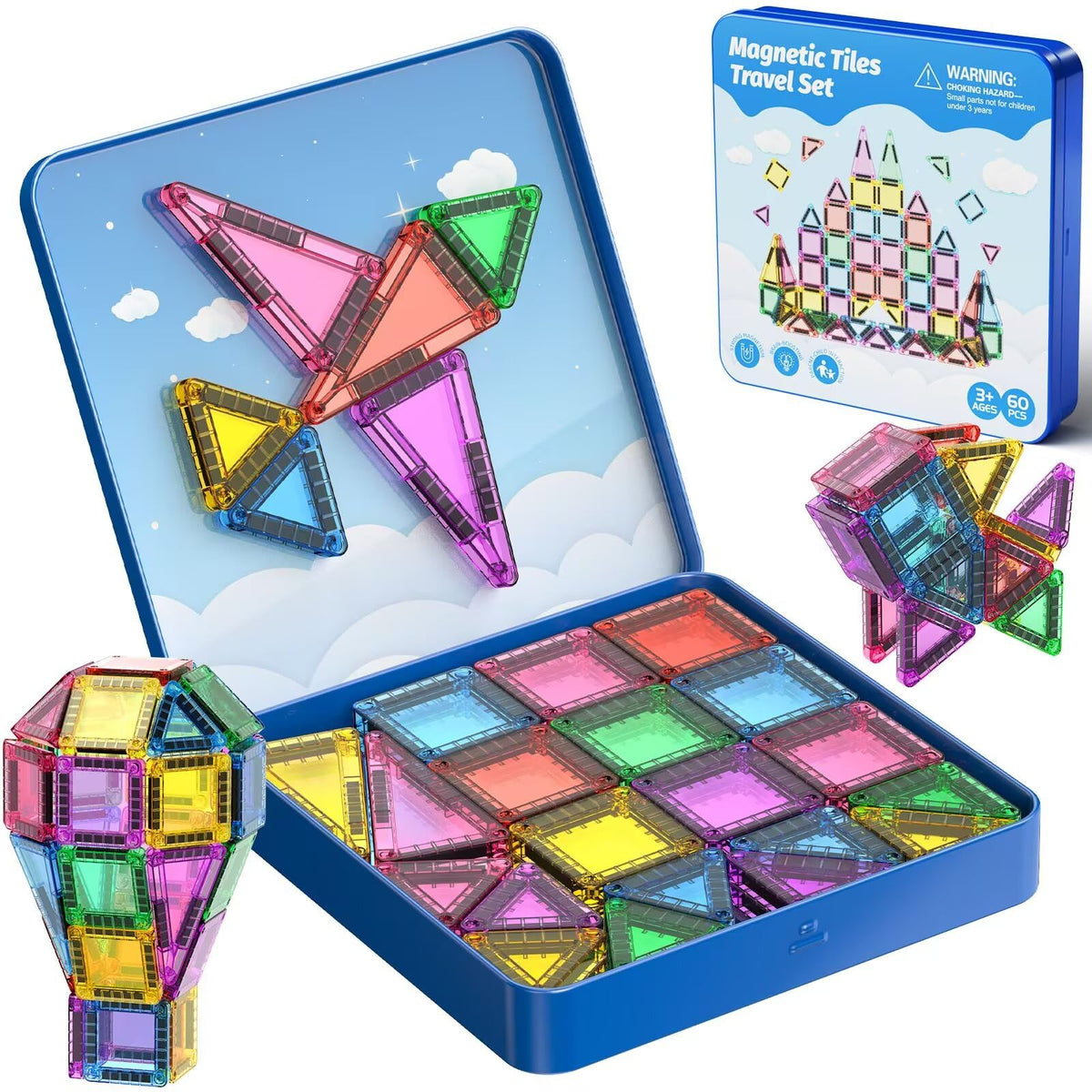 JSDKFJSA 60-piece magnetic tiles in a travel case for portable STEM play.
