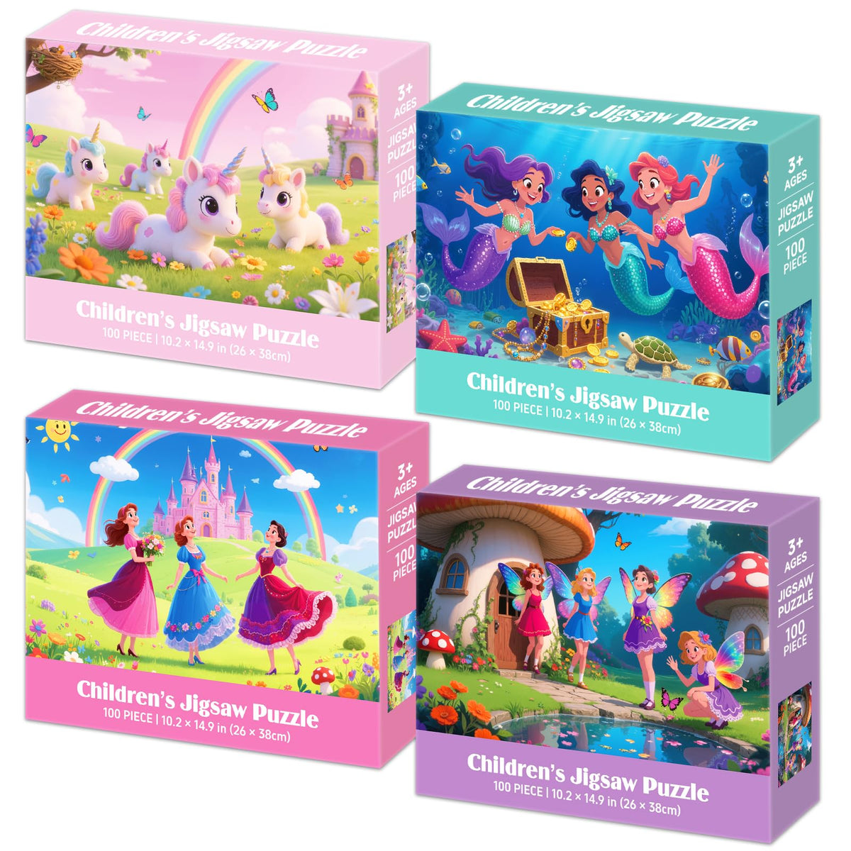 Jsonebatu four-pack 100-piece puzzles with color boxes for kids ages 4-10, four themes shown.