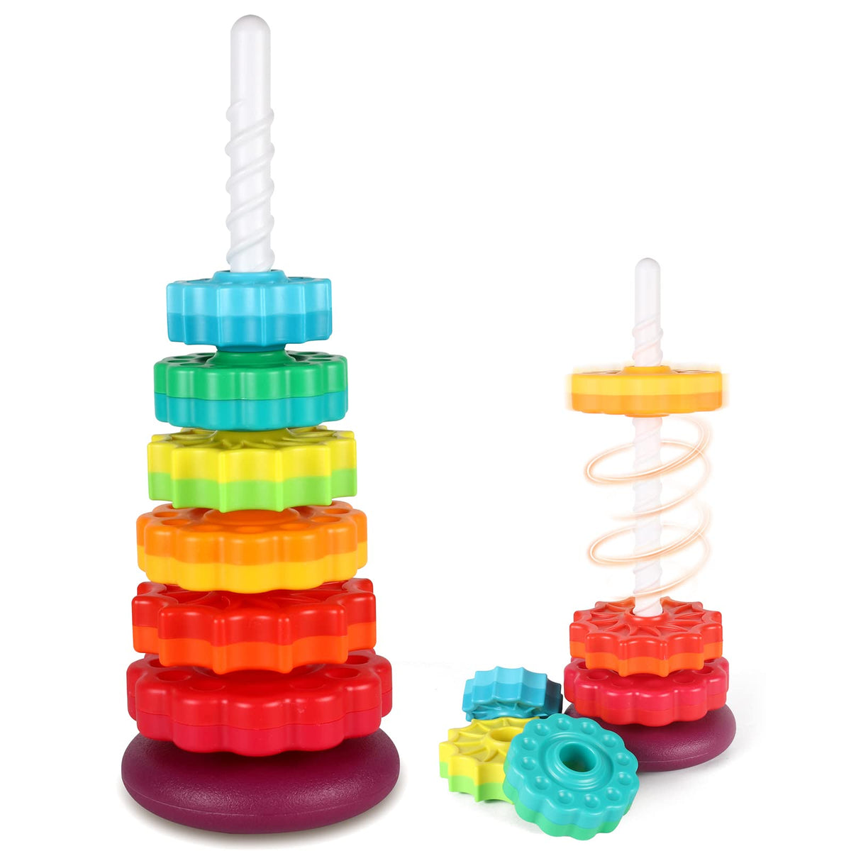 JUXUE rainbow spinning toy showing stacked discs to develop fine motor skills