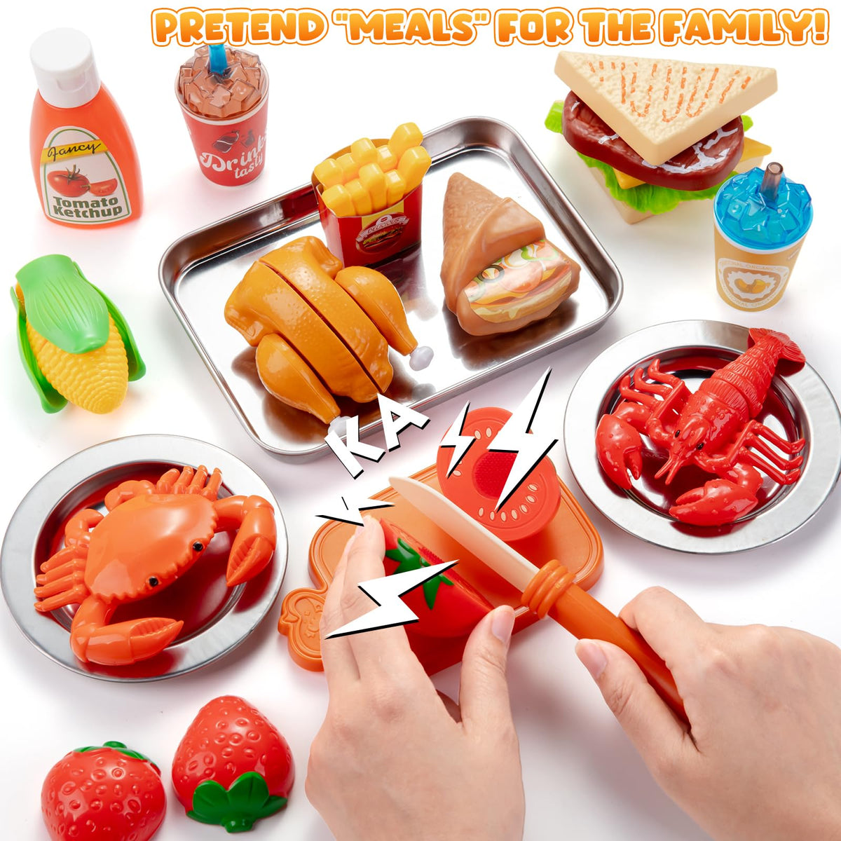 Juboury diverse foods including fruits, vegetables, and pizza for creative cooking play
