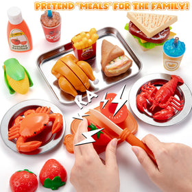Juboury diverse foods including fruits, vegetables, and pizza for creative cooking play