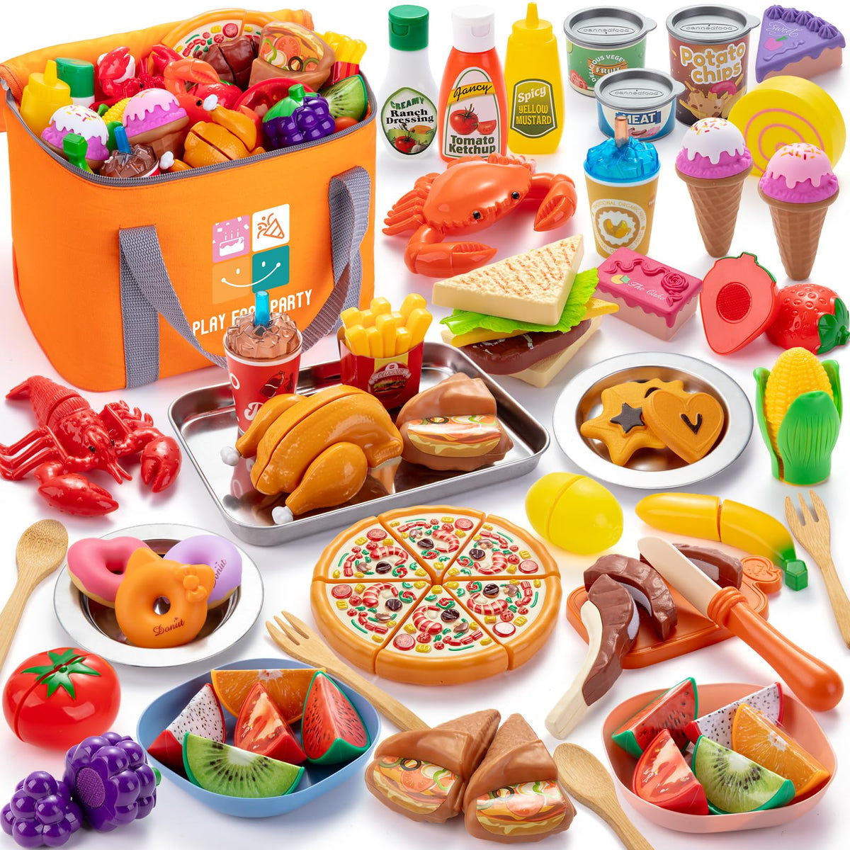 Juboury pretend play set with stainless steel tray and plates for realistic kitchen role-play