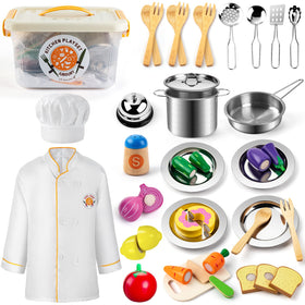 Juboury pretend play kitchen set with stainless pots for imaginative cooking