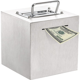 Jucoan piggy bank in stainless steel on desk for durable daily savings