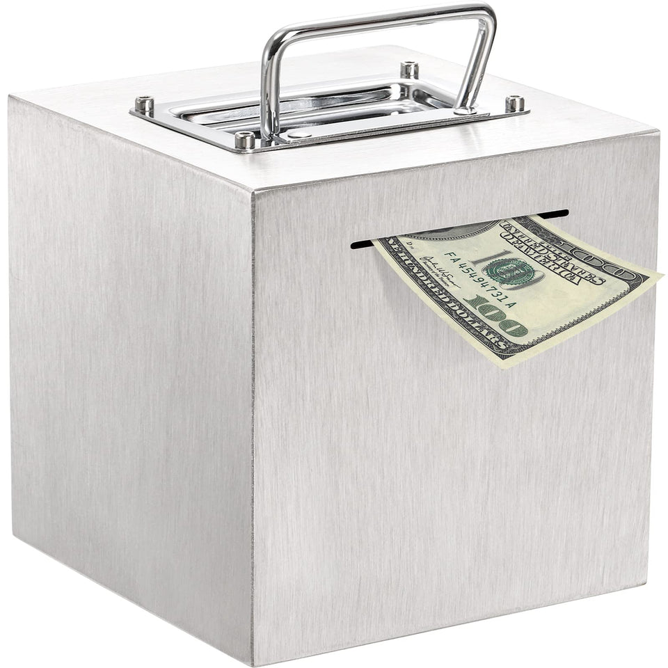 Jucoan piggy bank in stainless steel on desk for durable daily savings