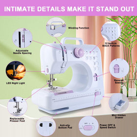 JUCVNB sewing machine showing the 12 stitch pattern dial for versatility.