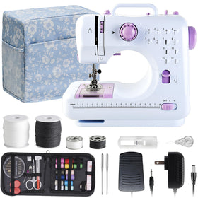 JUCVNB mini sewing machine purple and white front view for easy beginner use.