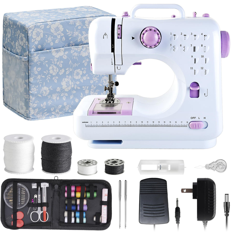JUCVNB mini sewing machine purple and white front view for easy beginner use.