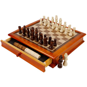 Juegoal 12-inch wooden chess and checkers board with built-in drawer for organized play
