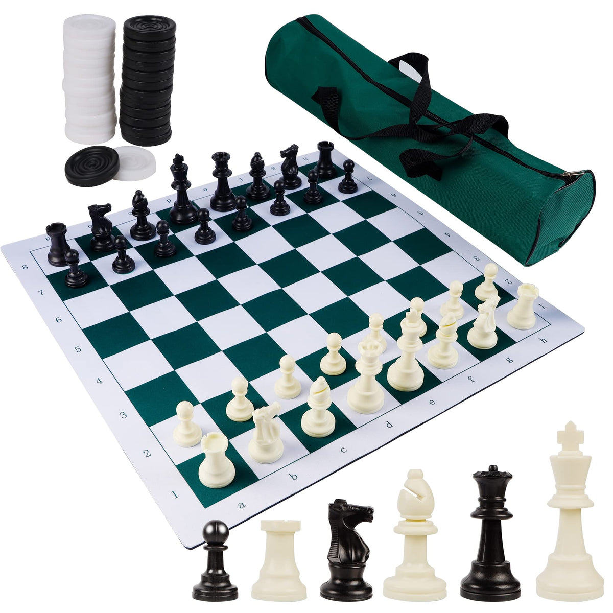 Juegoal 20in portable chess-checkers board ready for travel and family play.