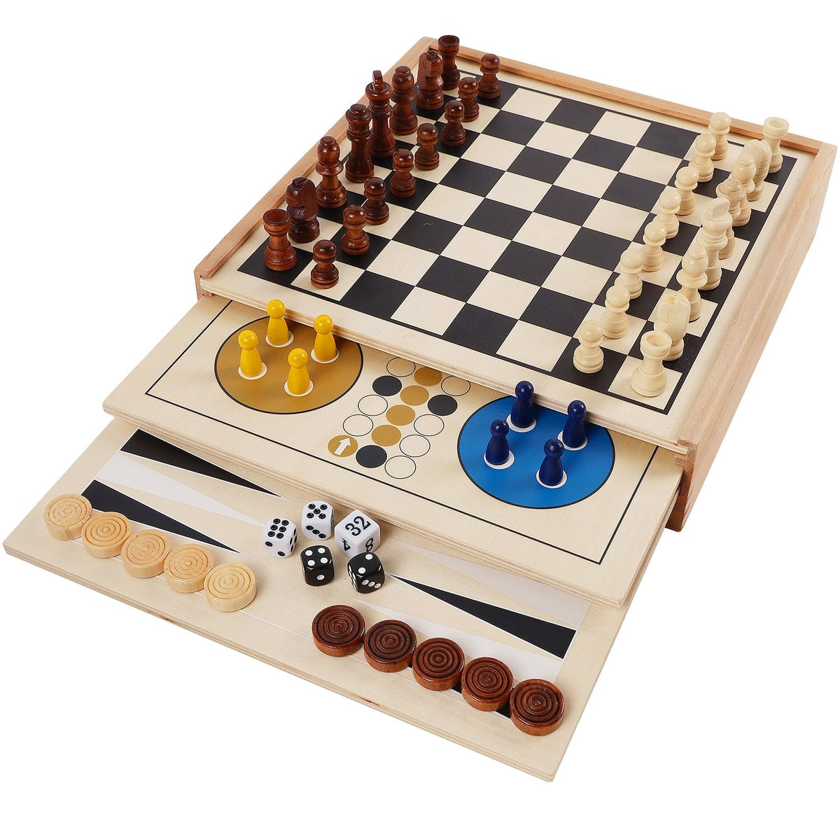 Juegoal 7-in-1 wooden board game box keeps pieces neatly stored for family play.