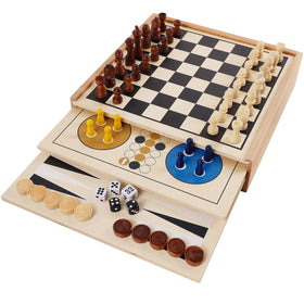 Juegoal 7-in-1 wooden board game box keeps pieces neatly stored for family play.