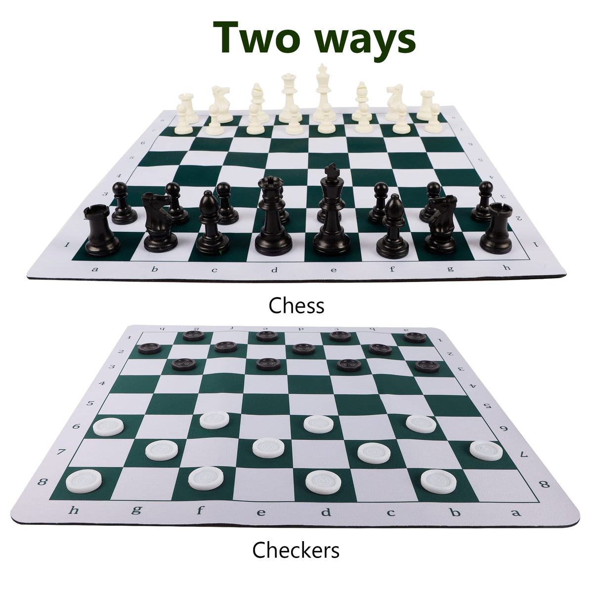 Juegoal folding rubber chess board mat provides a stable surface during games.
