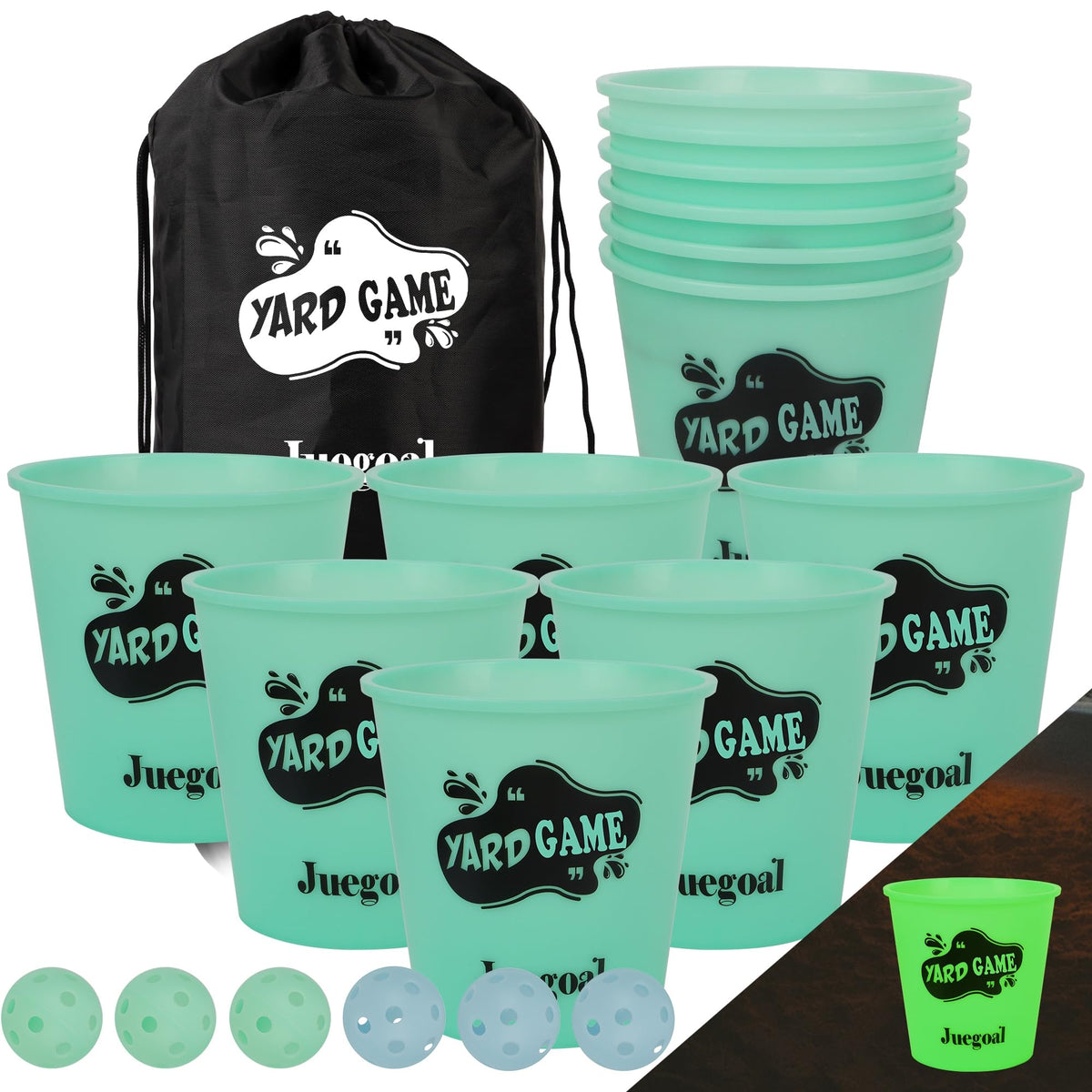 Juegoal glow buckets illuminate the yard for glow-in-the-dark play