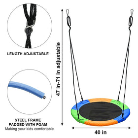 Juegoal saucer swing attachment system shows secure hanging