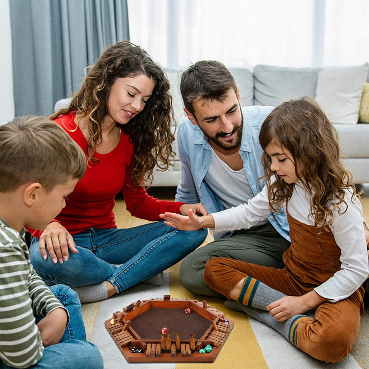 Juegoal Shut The Box in action shows six players enjoying a fast, easy-to-learn game