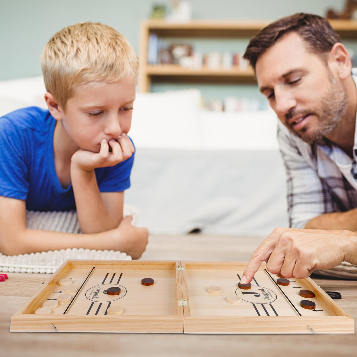 Juegoal wooden 4-in-1 board folded for compact storage and portability.