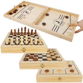 Juegoal wooden 4-in-1 board open for family play and travel ease.