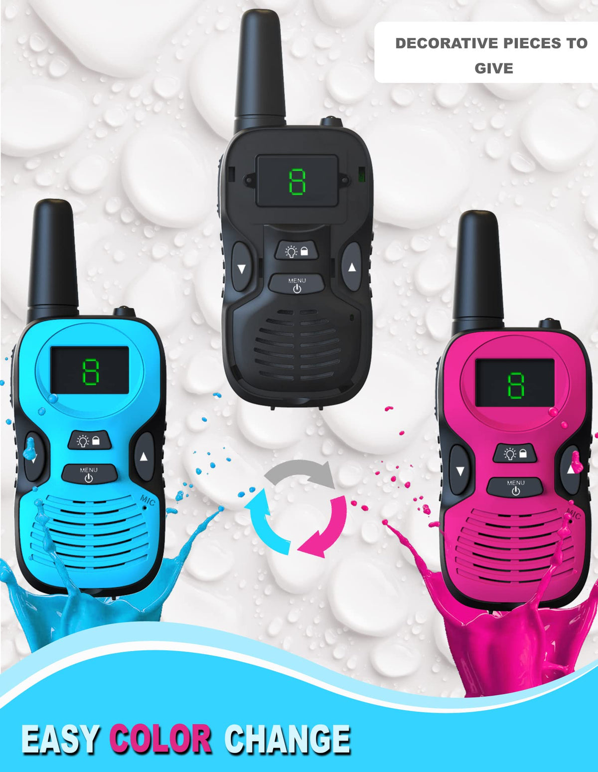 Jueion Kids Walkie Talkies with rechargeable battery for all-day outdoor use.