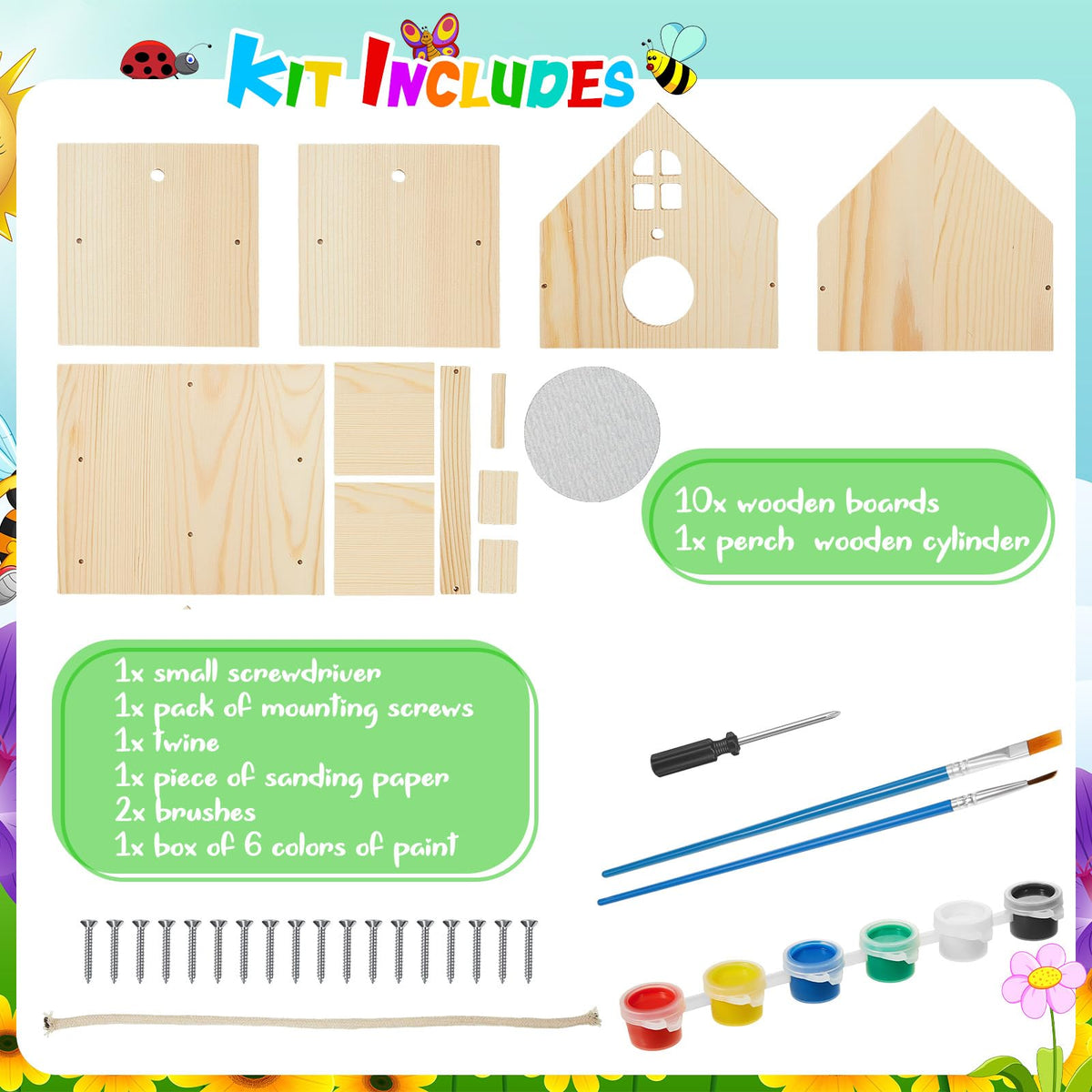 Juexica birdhouse kit paint strips and brushes for color design.