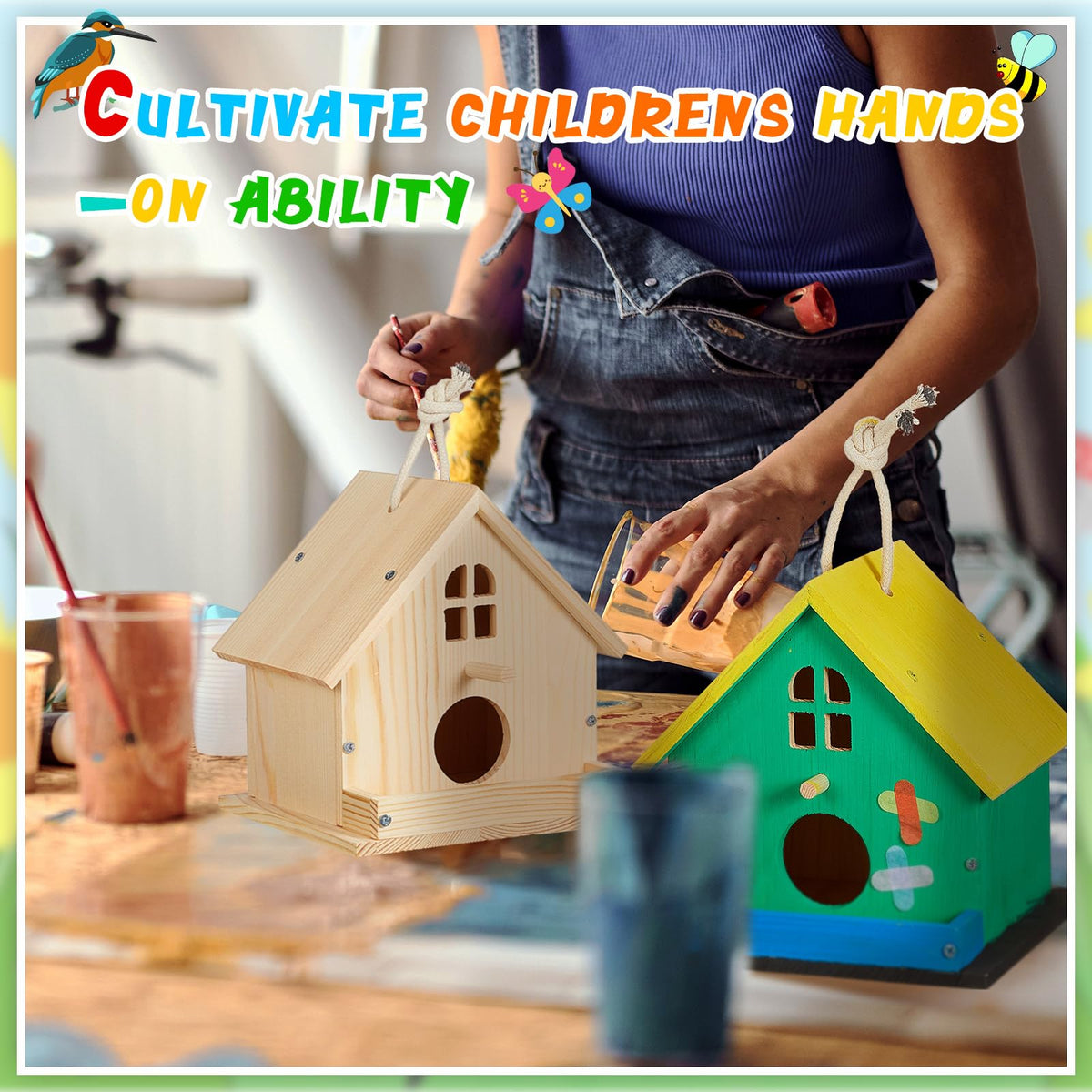 Juexica birdhouse kit sandpapers and latex paint reduce waste.