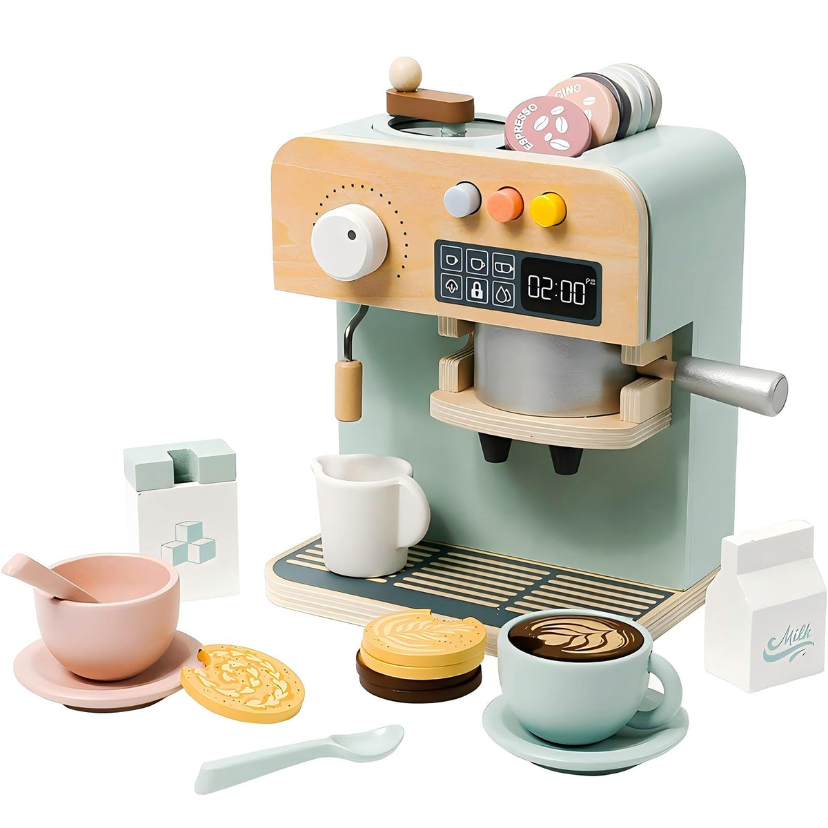JugueteLand wooden coffee maker for imaginative play and pretend barista fun.