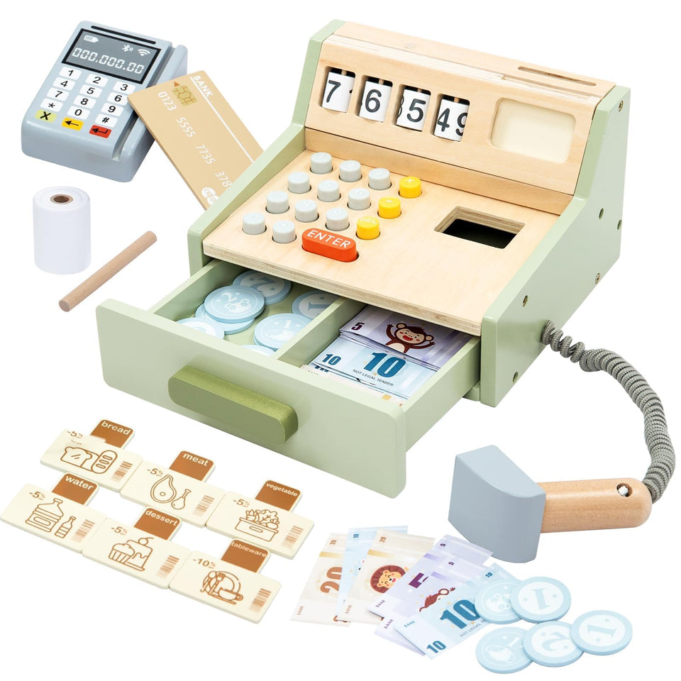 JugueteLand wooden cash register with scanner for realistic pretend play and early math skills