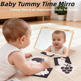 Juhg tummy time mirror displays a card rack with high-contrast visuals.
