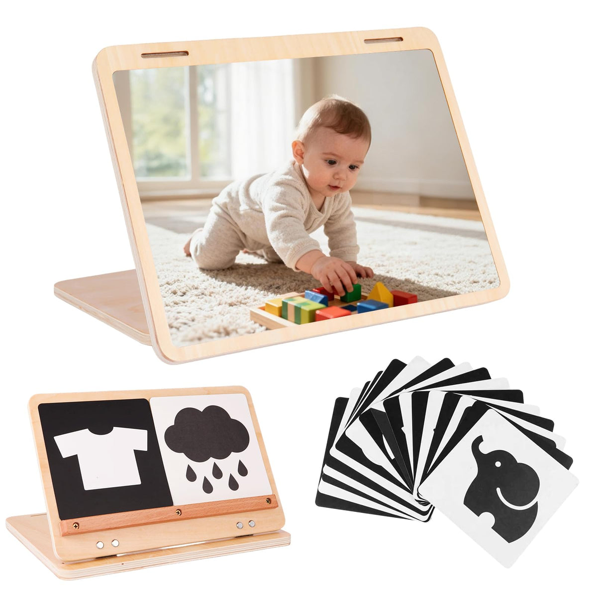 Juhg tummy time mirror with a large baby-safe mirror for visual exploration.