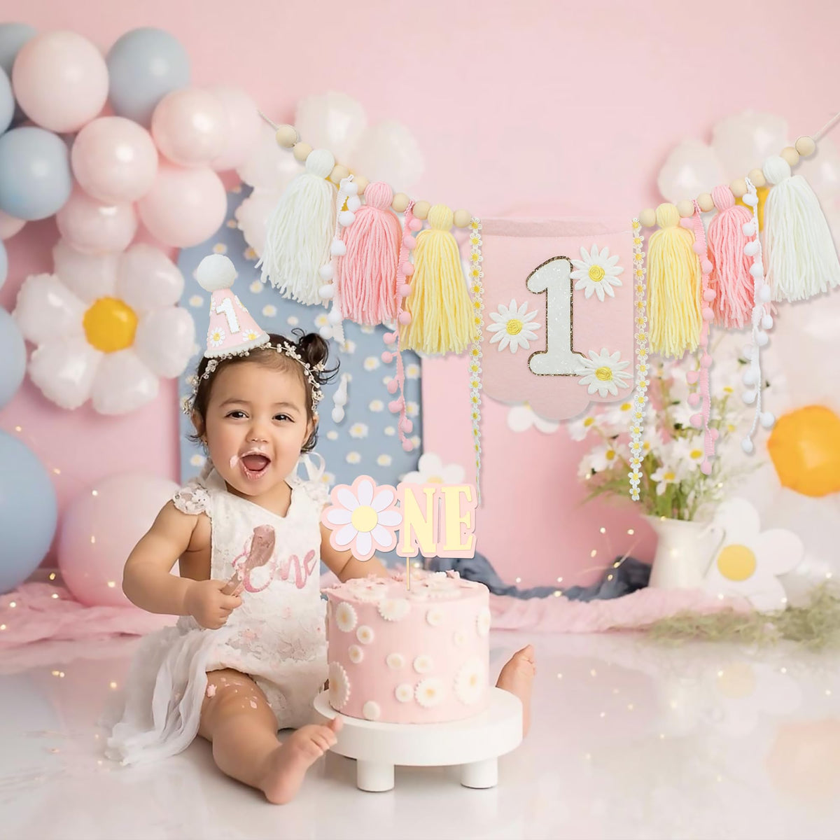 JUIIZAY blue theme high chair banner displayed on wall