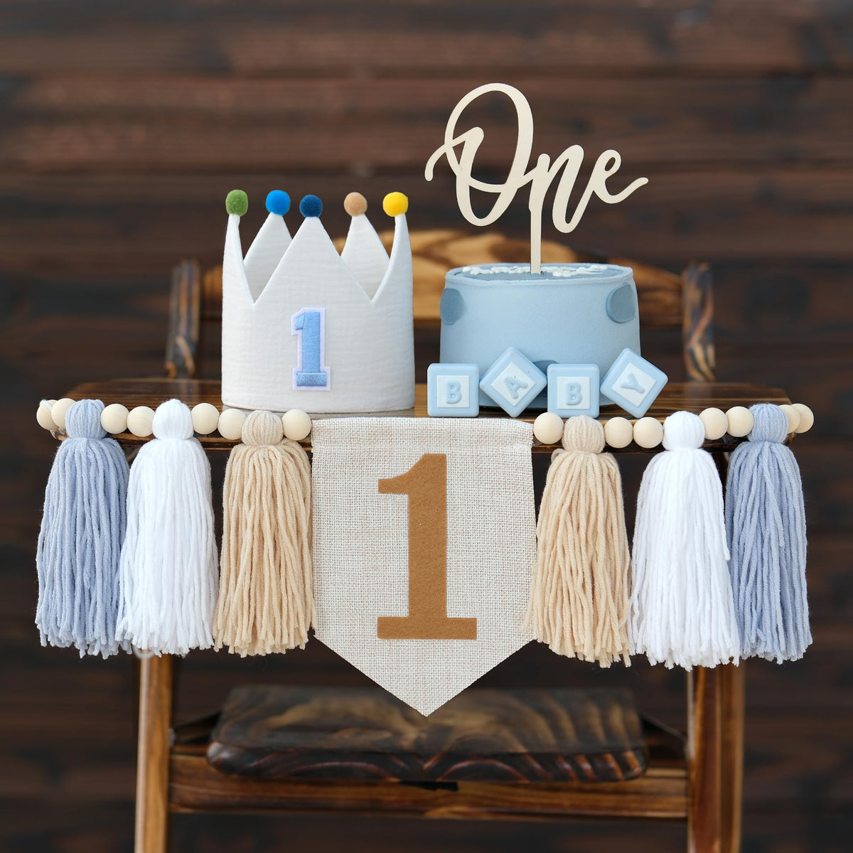 JUIIZAY blue high chair banner for 1st birthday photos