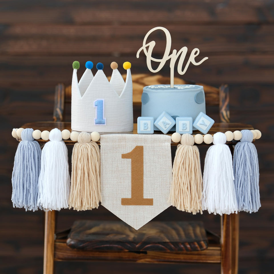 JUIIZAY blue high chair banner for 1st birthday photos