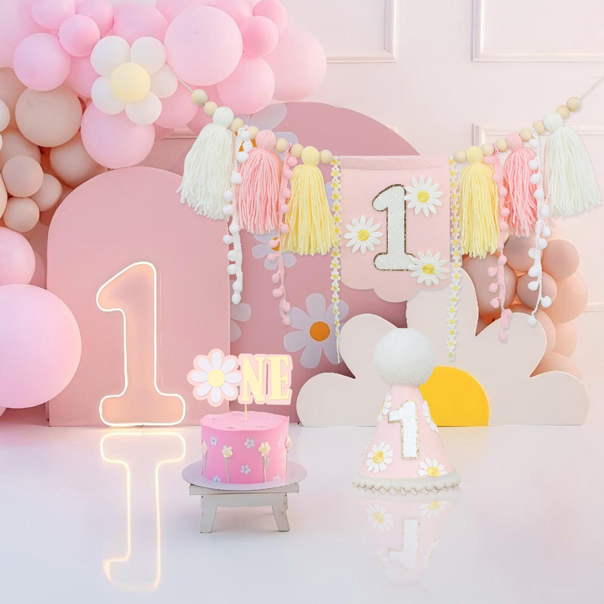 JUIIZAY pink daisy banner wall-hanging ready for celebration