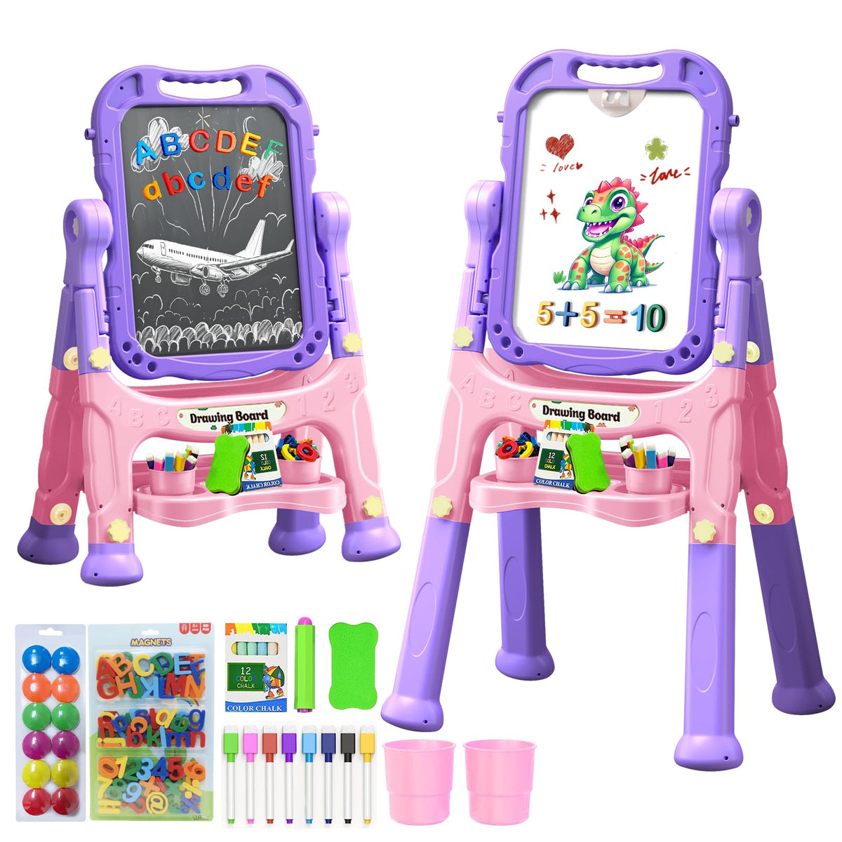 Juivin art easel with the purple double-sided drawing board and magnets for letters and numbers.
