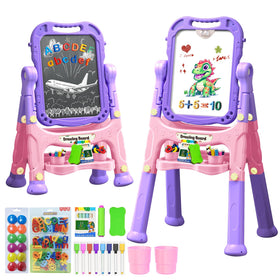 Juivin art easel with the purple double-sided drawing board and magnets for letters and numbers.