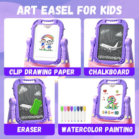 Juivin art easel showing magnetic tiles for letters and numbers to learn during play.