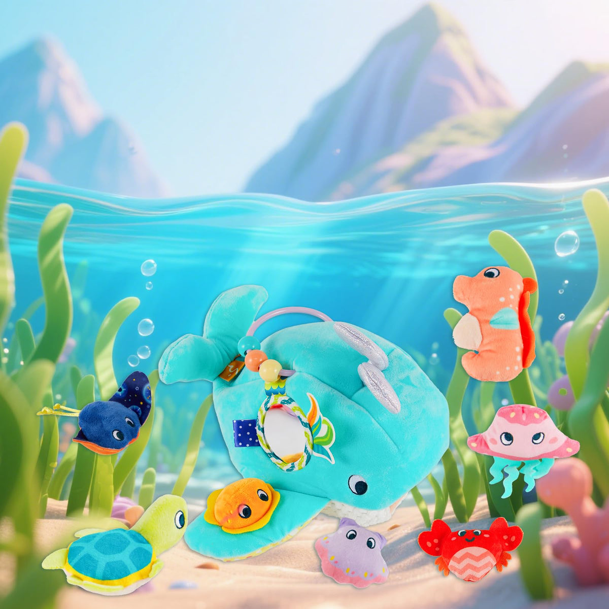 Juivin Soft Rattle Jellyfish plush supports grasping and visual tracking during play.