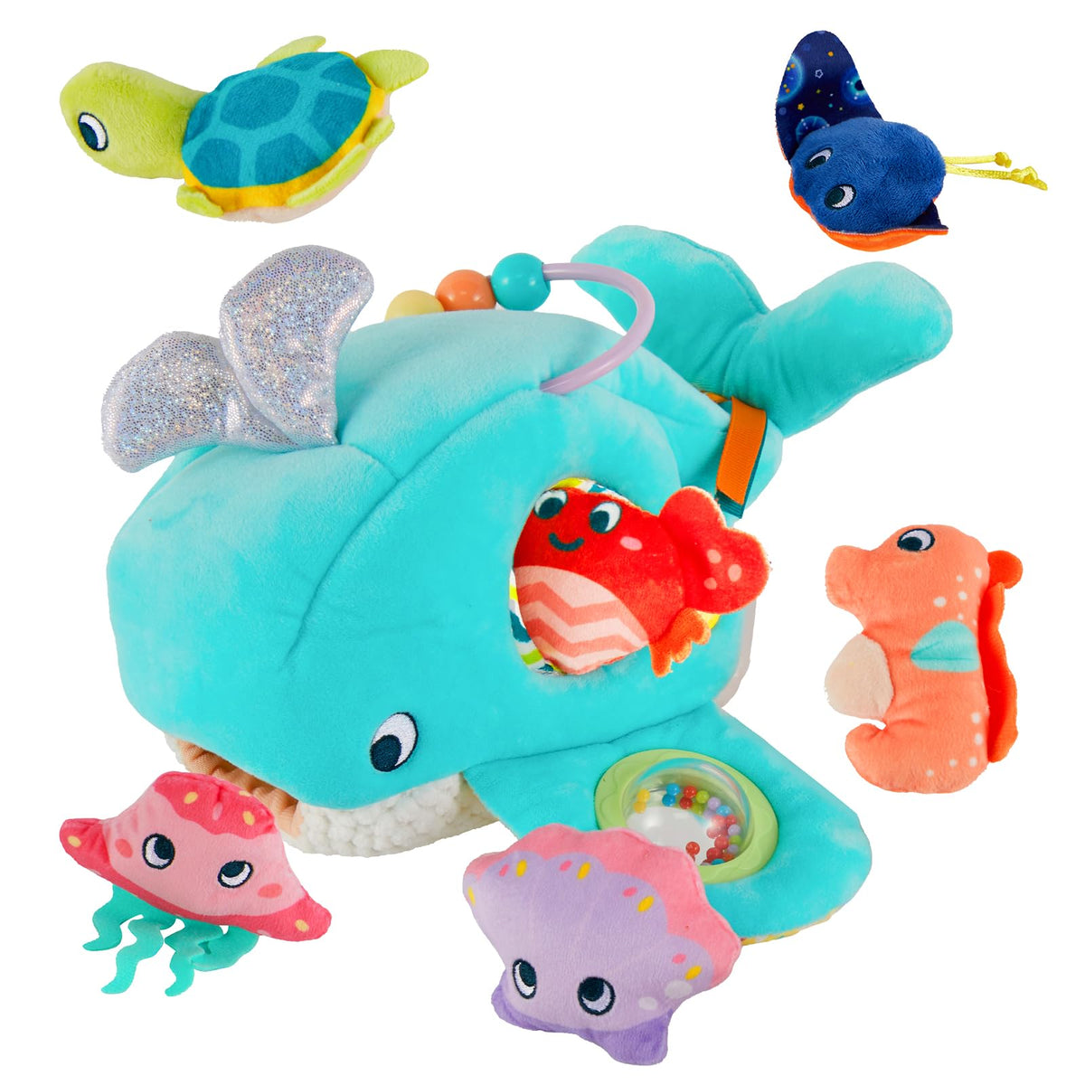 Juivin Soft Rattle Ocean Whale with six plushies promotes tactile exploration and early nautical curiosity.