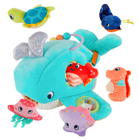 Juivin Soft Rattle Ocean Whale with six plushies promotes tactile exploration and early nautical curiosity.