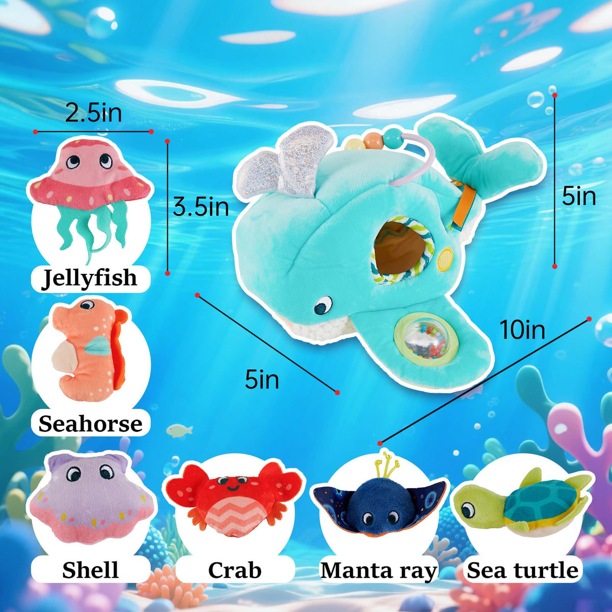 Juivin Seahorse plush aids fine motor skills and sensory exploration for infants.