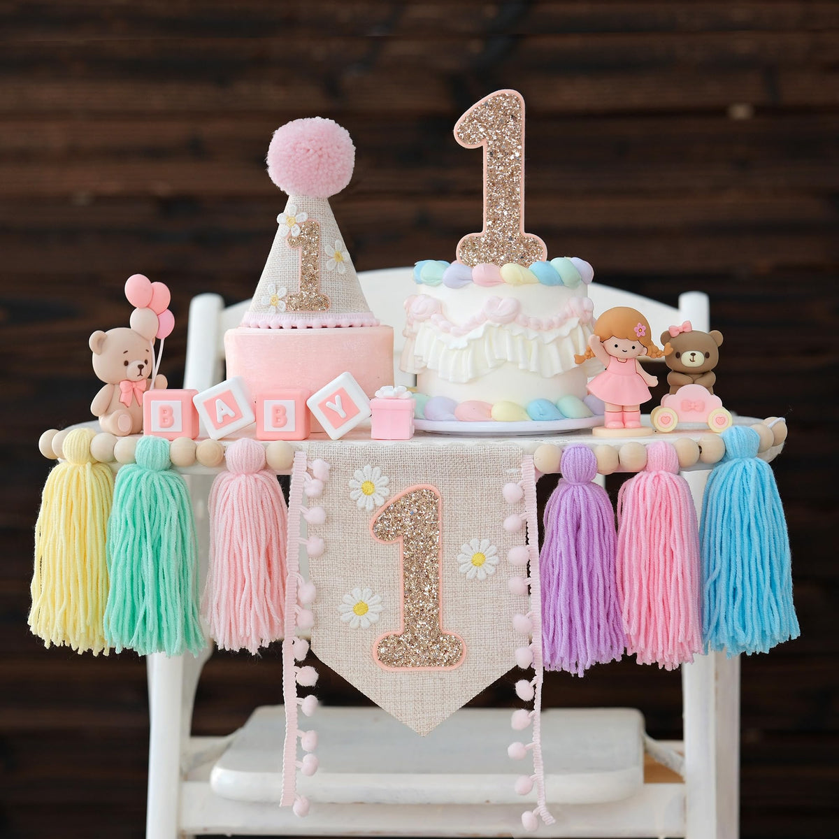 JUIIZAY macarons high chair banner with daisy 1st crown for sweet birthday photos