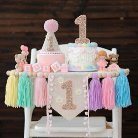 JUIIZAY macarons high chair banner with daisy 1st crown for sweet birthday photos