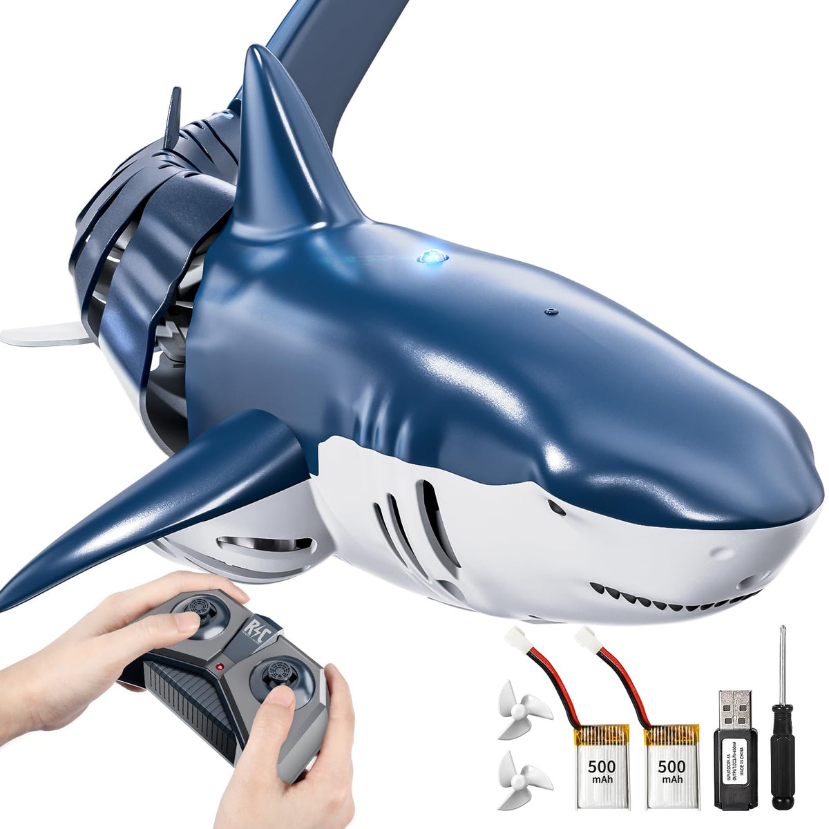 JUKUDAHU 1:18 scale high-simulation shark toy close-up in water.