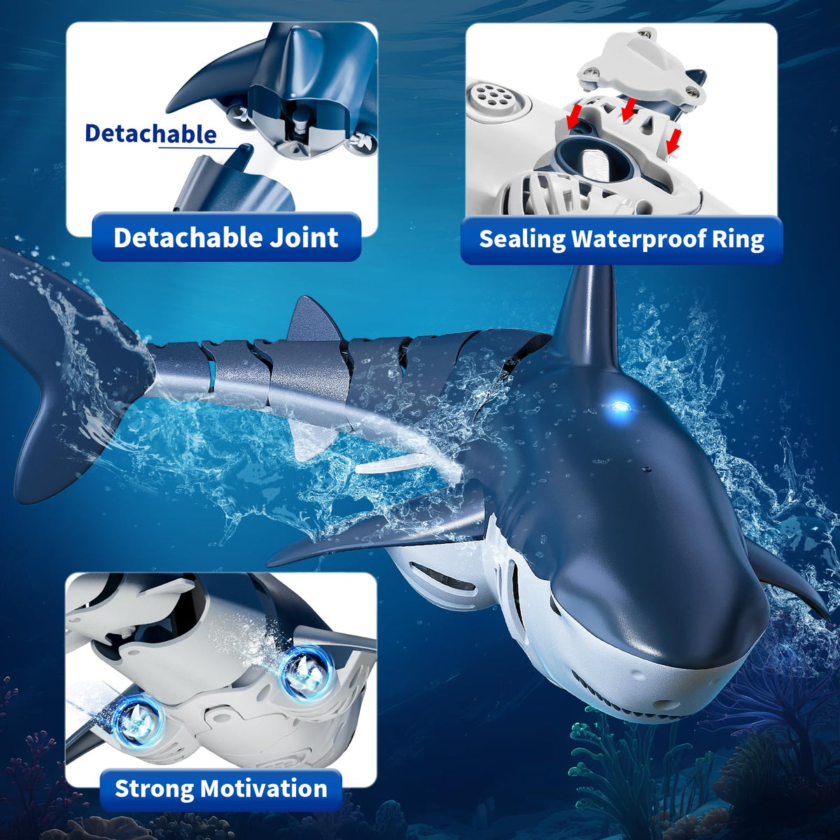 JUKUDAHU waterproof shark toy and remote control in action during bath.