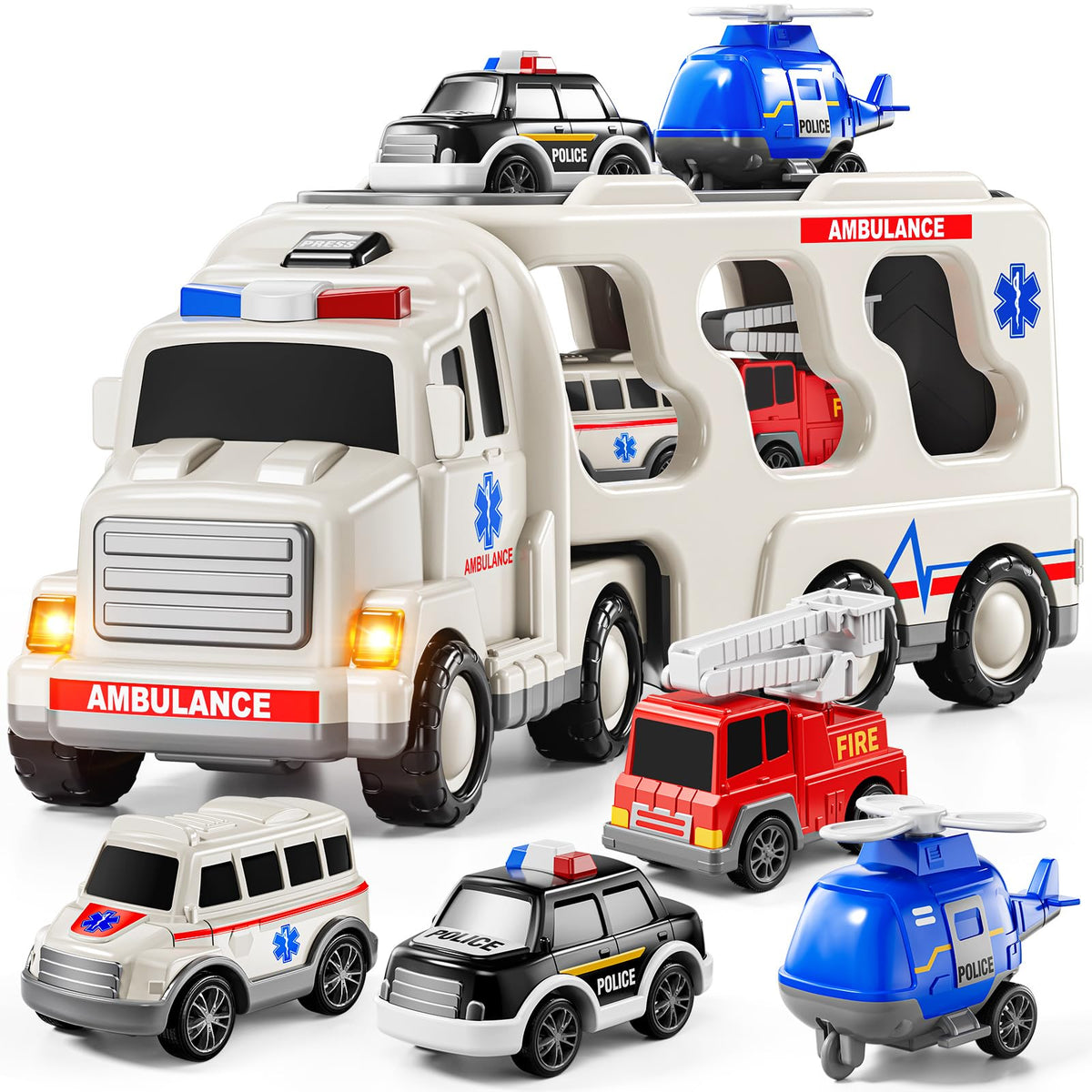 JUKUDAHU 5-in-1 ambulance carrier truck for imaginative play.