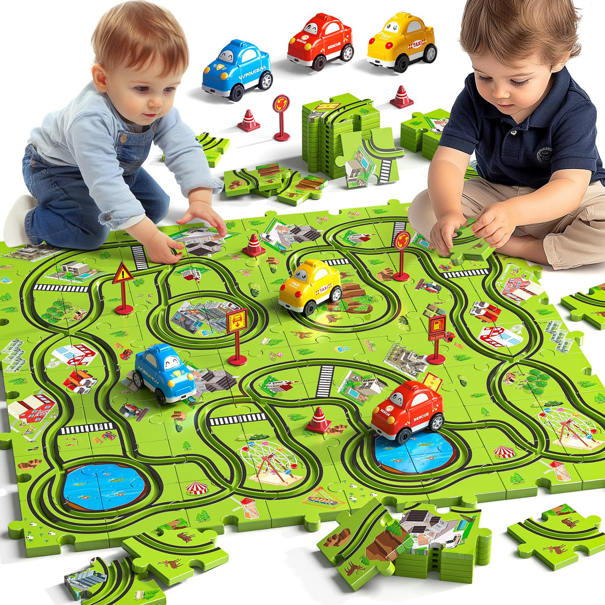 JUKUDAHU 64-piece puzzle race track set with sliding cars for hands-on play and problem solving.