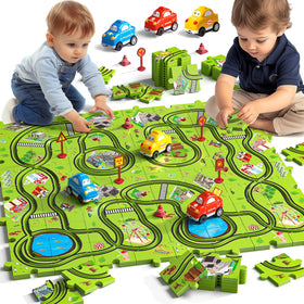 JUKUDAHU 64-piece puzzle race track set with sliding cars for hands-on play and problem solving.