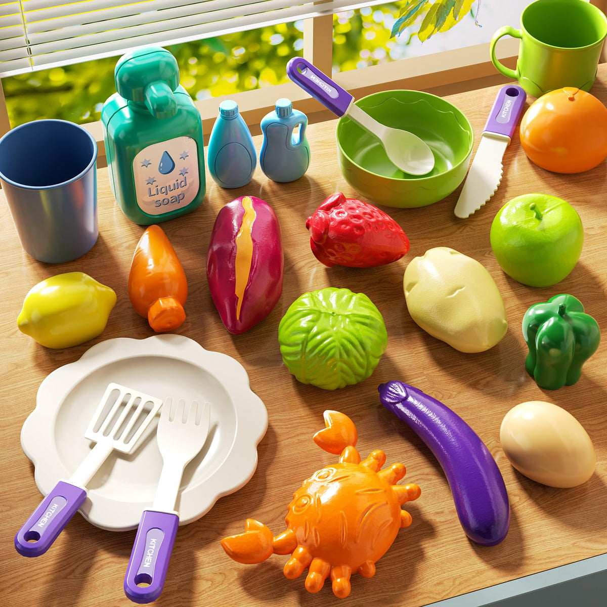JUKUDAHU dish and cup set supports sorting, washing, and drying pretend kitchen tasks.